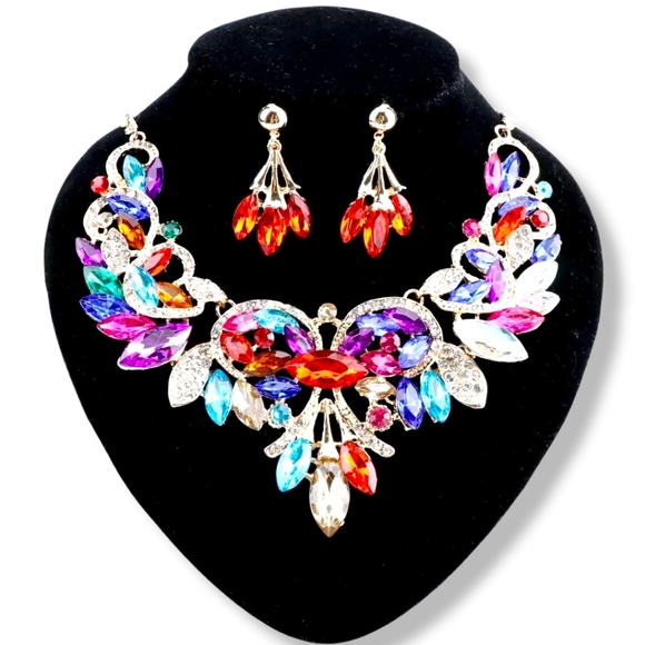 18K gold plated multi color rainbow crystal Necklace earrings set - Picture 4 of 16